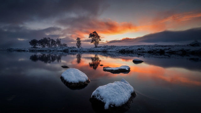 Lake snow rocks tree sunset free wallpaper - medium preview image