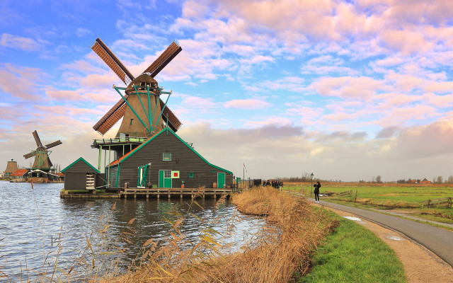 Windmill river road field person free wallpaper - medium preview image