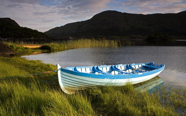 Lake mountains boat grass sky #2 free wallpaper - medium preview image