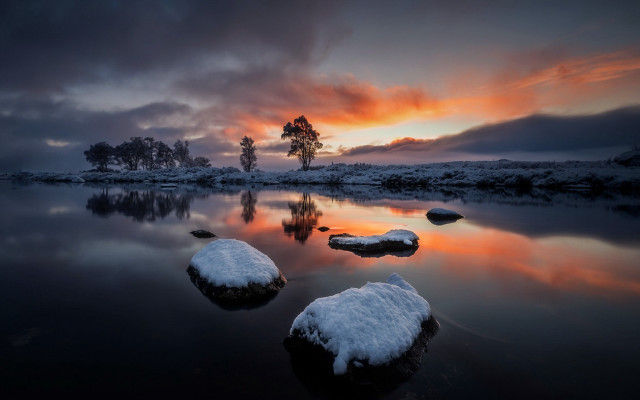 Lake snow rocks tree sunset #2 free wallpaper - medium preview image