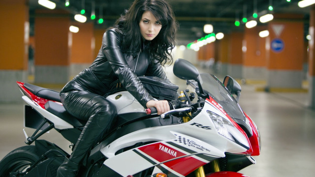 Woman leather motorcycle garage cinematic free wallpaper - medium preview image