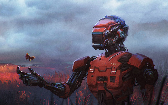 Robot butterfly field clouds retrofuturism free wallpaper - medium preview image