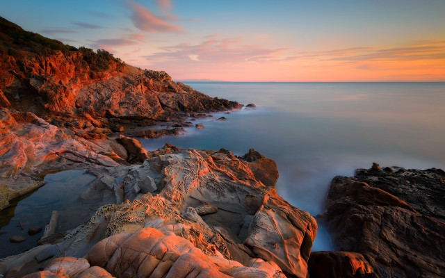 Rocky shore sunset pink sky free wallpaper - medium preview image