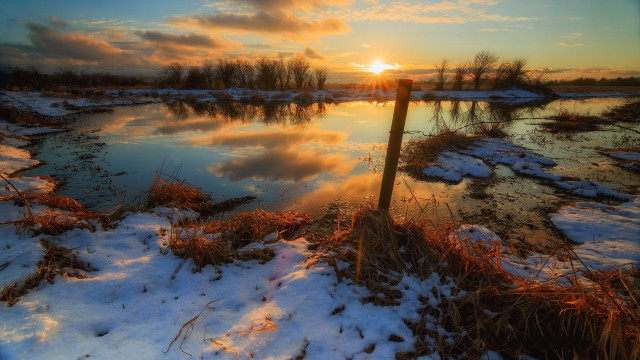 Pond snow fence sunset landscape free wallpaper - medium preview image