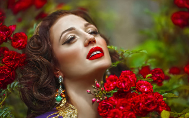 Woman redlipstick flower roses fashion free wallpaper - medium preview image