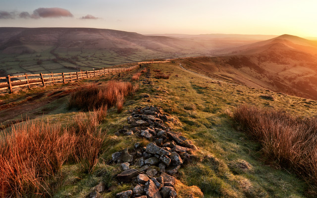 Stone wall grassy hill sunset free wallpaper - medium preview image