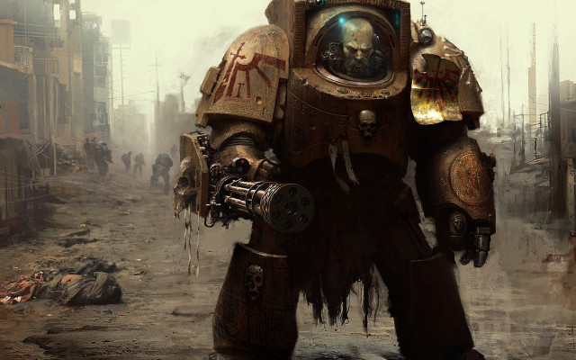 Mechanical suit man gasmask street free wallpaper - medium preview image