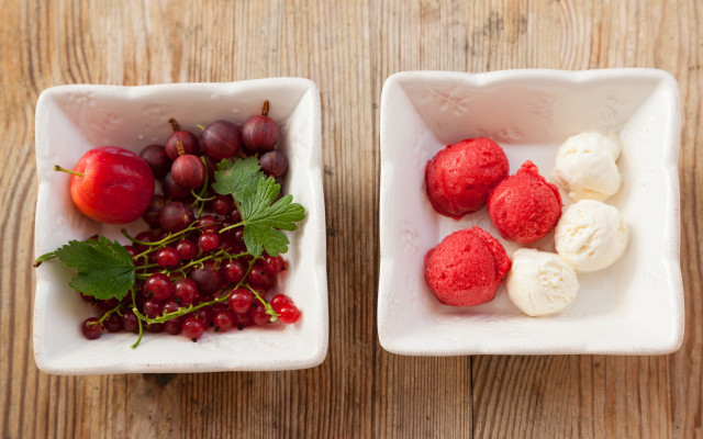 White bowls fruit wooden table free wallpaper - medium preview image