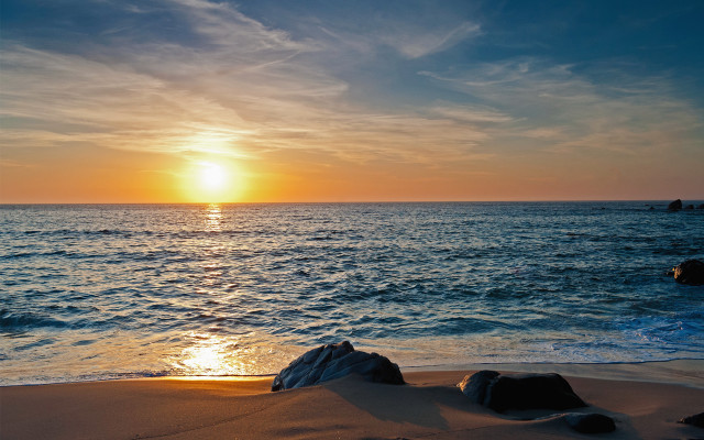 Sunset ocean rocks boat sunrise free wallpaper - medium preview image