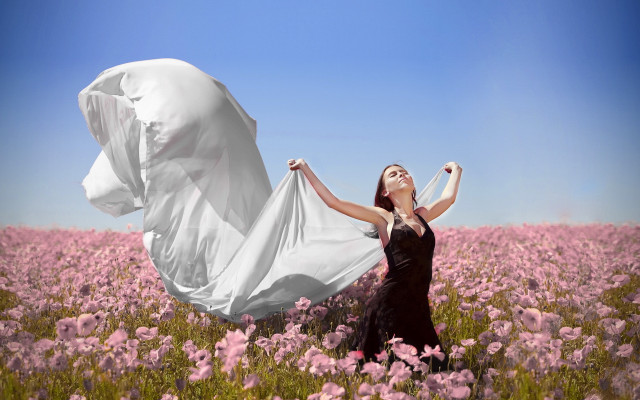 Woman flower field white sheet free wallpaper - medium preview image