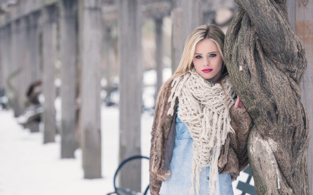 Woman snowy tree portrait cozy free wallpaper - medium preview image