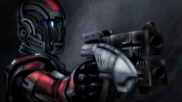 Man helmet gun aiming scifi free wallpaper - medium preview image