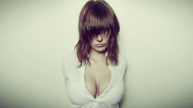 Woman purplehair whiteShirt tie portrait free wallpaper - medium preview image