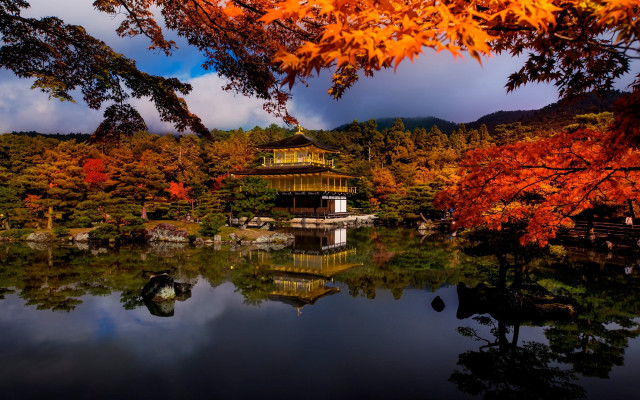Pond building trees orange leaves free wallpaper - medium preview image