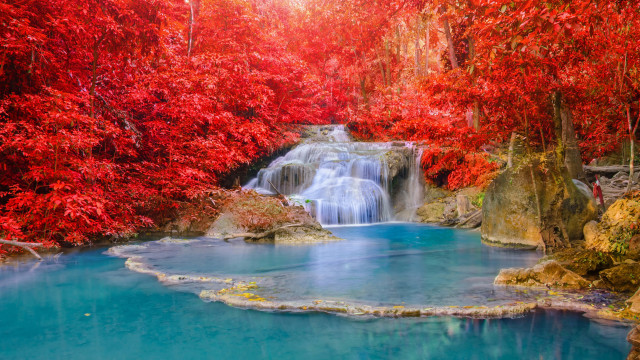 Waterfall trees blue pool autumn free wallpaper - medium preview image