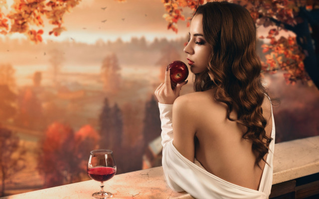 Woman wine apple autumn blurry free wallpaper - medium preview image