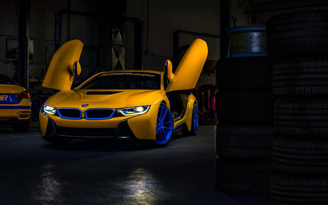 Yellow car doors open garage free wallpaper - medium preview image
