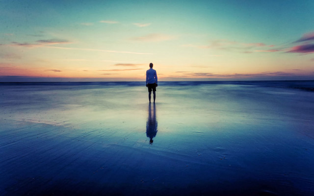 Beach sunset reflection person standing free wallpaper - medium preview image