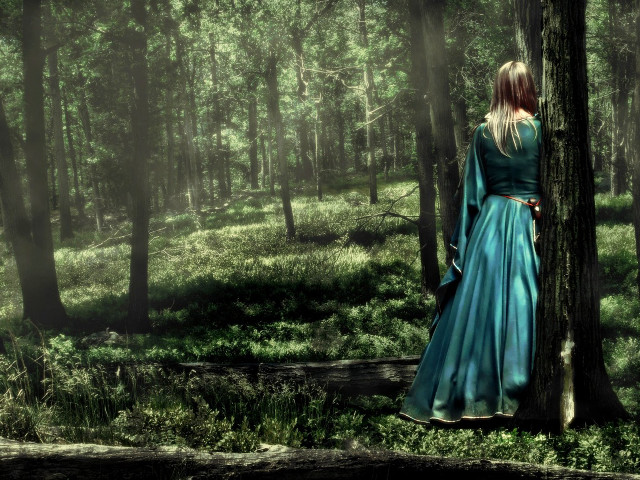 Woman blue dress forest trees free wallpaper - medium preview image