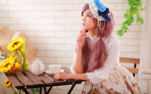 Pink haired woman coffee flower free wallpaper - medium preview image