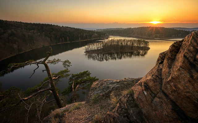 Lake forest mountain sunset sky free wallpaper - medium preview image