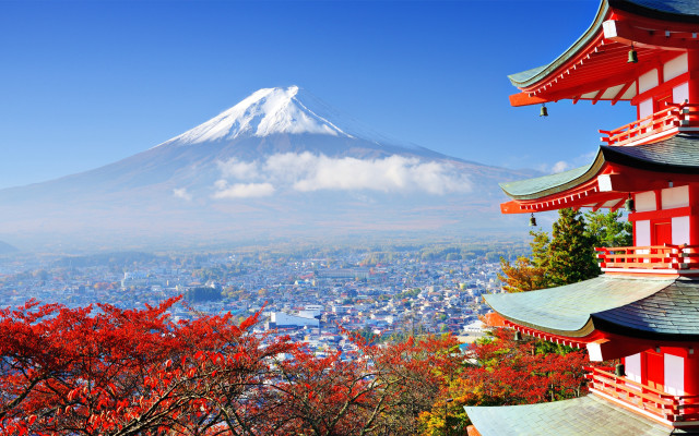 Mountain pagoda autumn maple leaves free wallpaper - medium preview image