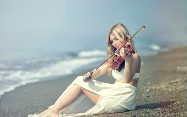 Woman beach violin blonde sand #2 free wallpaper - medium preview image