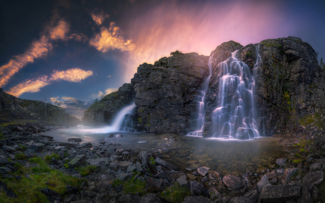 Waterfall rocky landscape sunset fantasy free wallpaper - medium preview image
