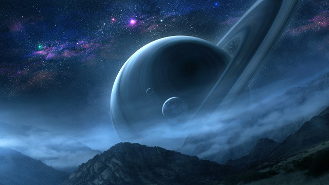 Planet ring mountains stars clouds free wallpaper - medium preview image