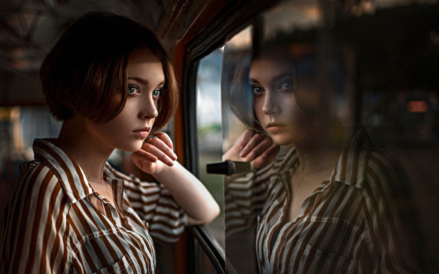 Window woman striped shirt portrait free wallpaper - medium preview image