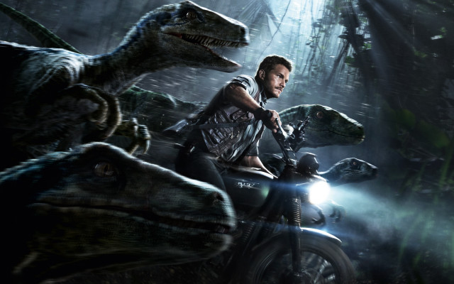 Man motorcycle dinosaur forest flashlights free wallpaper - medium preview image
