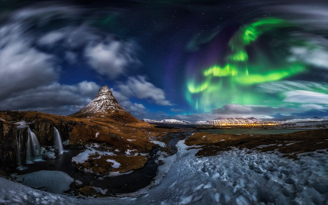 Mountain waterfall green aurora snow free wallpaper - medium preview image