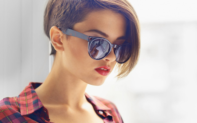 Woman sunglasses plaid shirt cellphone free wallpaper - medium preview image