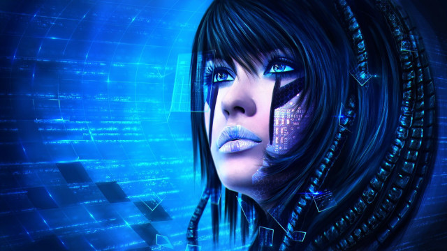Futuristic woman blue background cyberpunk #2 free wallpaper - medium preview image