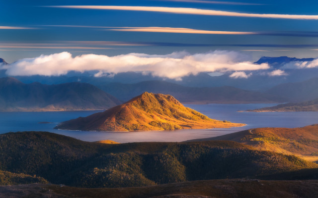 Mountain lake clouds sunset cityscape free wallpaper - medium preview image