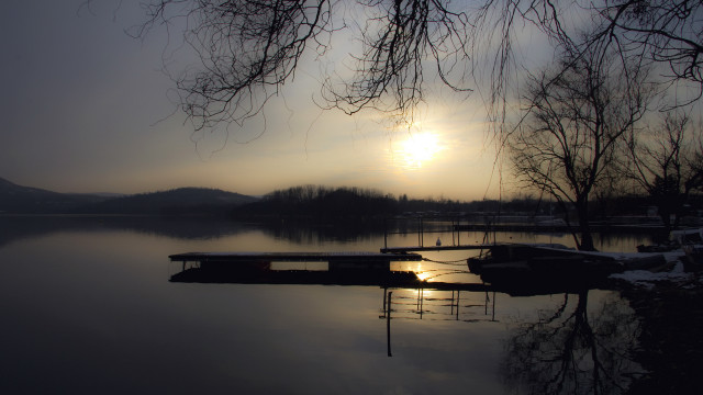 Lake dock boat sunset forest free wallpaper - medium preview image
