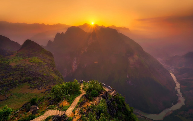 Mountain river sunset path clouds free wallpaper - medium preview image