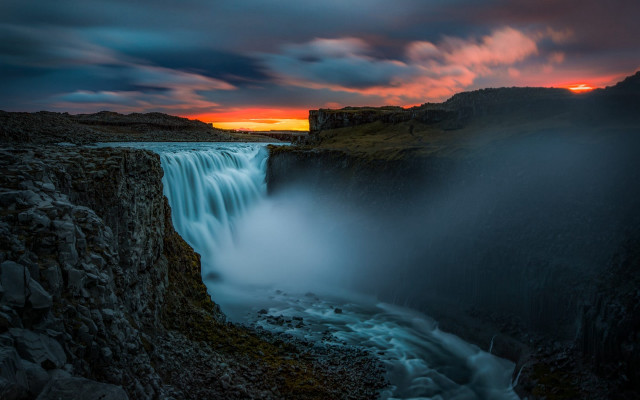 Waterfall sunset clouds mountain lake free wallpaper - medium preview image