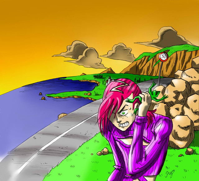 Pink haired giantess woman road free wallpaper - medium preview image