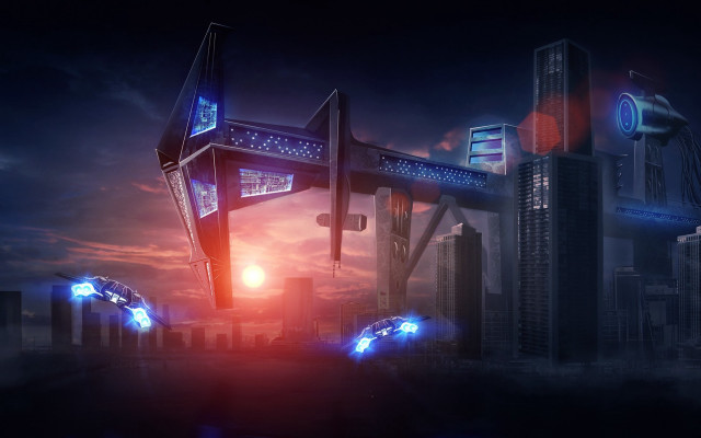 Futuristic city clock tower neon free wallpaper - medium preview image