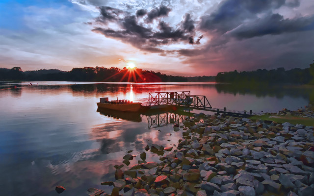 Boat dock lake sunset cloudy free wallpaper - medium preview image