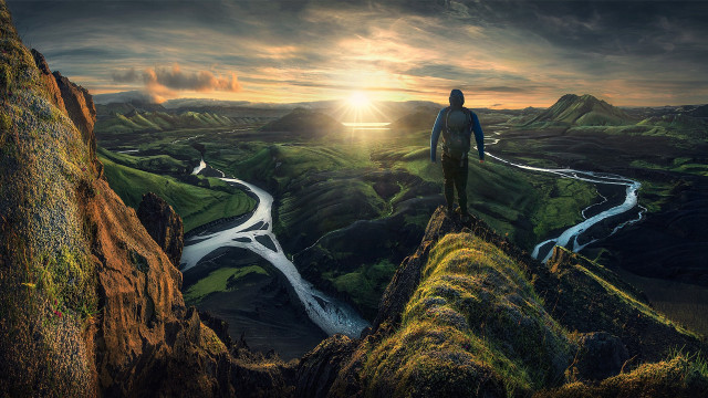 Cliff overlooking river mountains sunset free wallpaper - medium preview image
