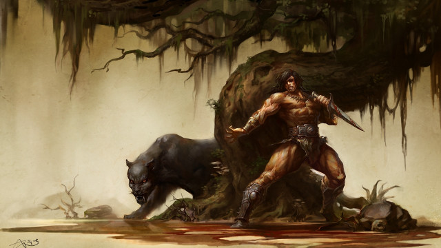 Man sword boar forest fantasy free wallpaper - medium preview image