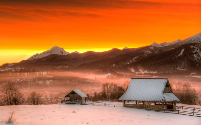 Snowy landscape barn mountains sunset free wallpaper - medium preview image