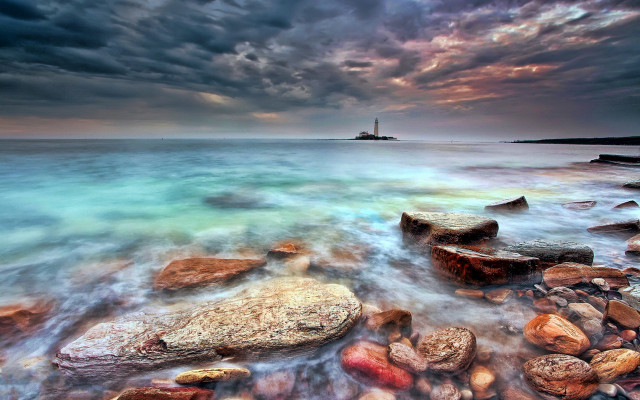 Rocky beach lighthouse mystical colors free wallpaper - medium preview image
