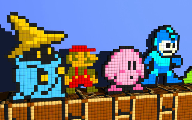 Pixel art figures wall blue free wallpaper - medium preview image
