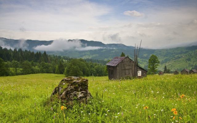 Small cabin mountains clouds flowers free wallpaper - medium preview image