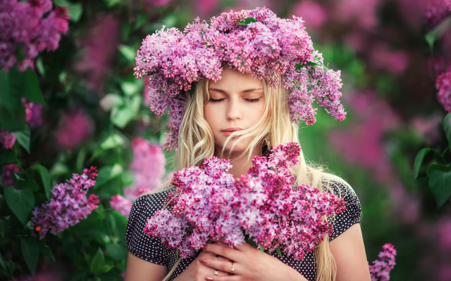 Woman flower wreath lilacs portrait free wallpaper - medium preview image