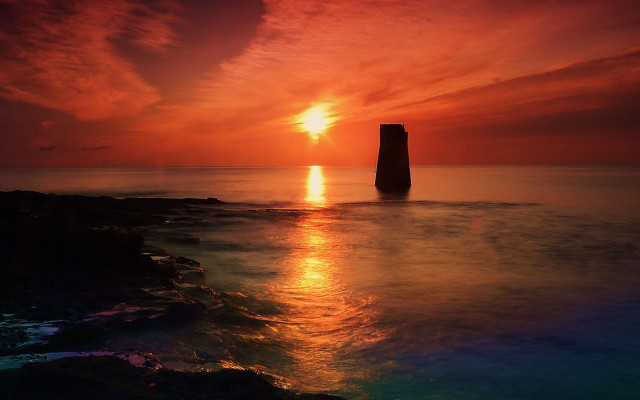 Sunset ocean rock mountain mystical free wallpaper - medium preview image
