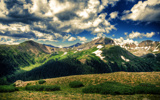 Mountain range clouds grassy field free wallpaper - medium preview image